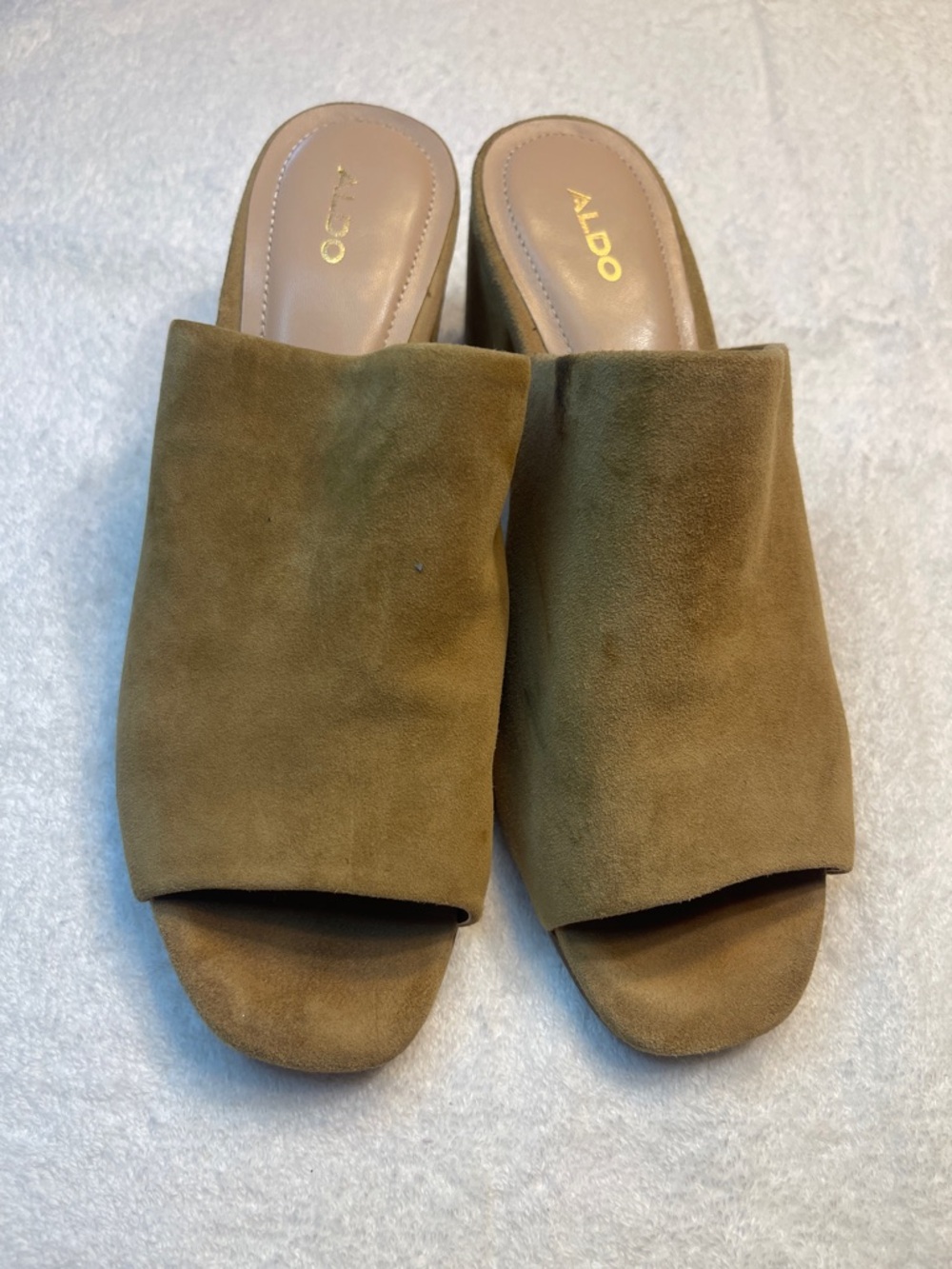 ALDO Olive-Tan Suede Open-Toe Slide Mules